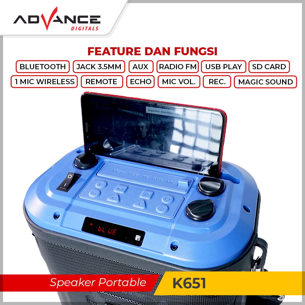 【READY STOCK】 Advance K651 Speaker Bluetooth Portable Speaker Plus Mic Wireless karaoke (mic wireless + mic kabel) digital Display