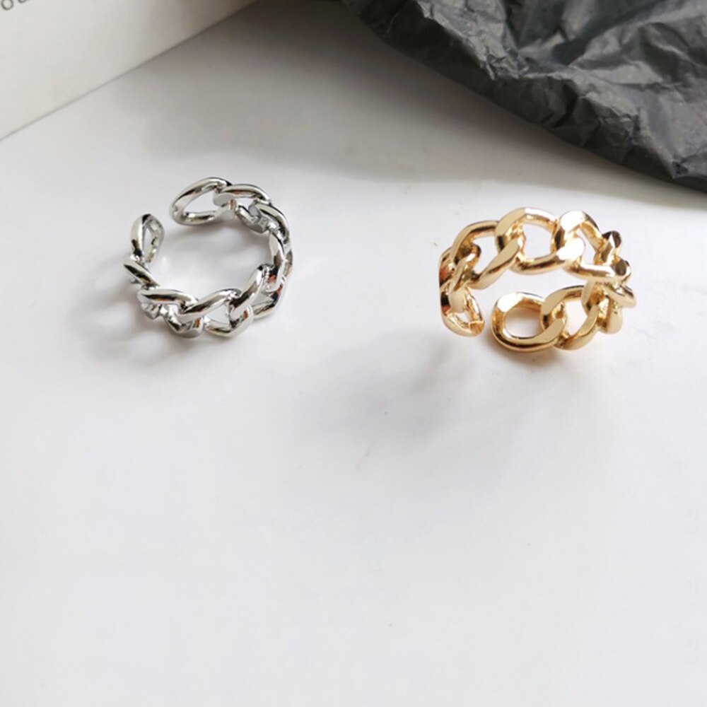 Cincin Model Terbuka Desain Rantai Twisted Geometris Bahan Logam Warna Emas Perak Gaya Vintage Punk Untuk Unisex