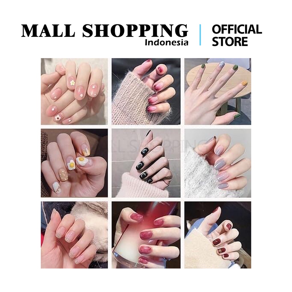 (COD) Kuku Palsu 24 PCS / Fake Nail Art 3d/Stiker Kuku Tahan Air / Free Lem Cair 2gr MALL SHOPPING