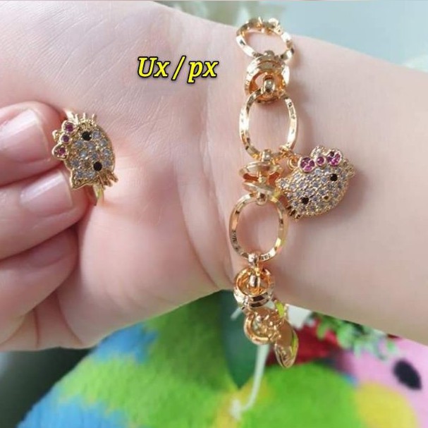 (OKT) Set Perhiasan DEWASA Lapis Emas Xuping Gelang Cincin Hello Kitty Permata Berlian Gold Titanium