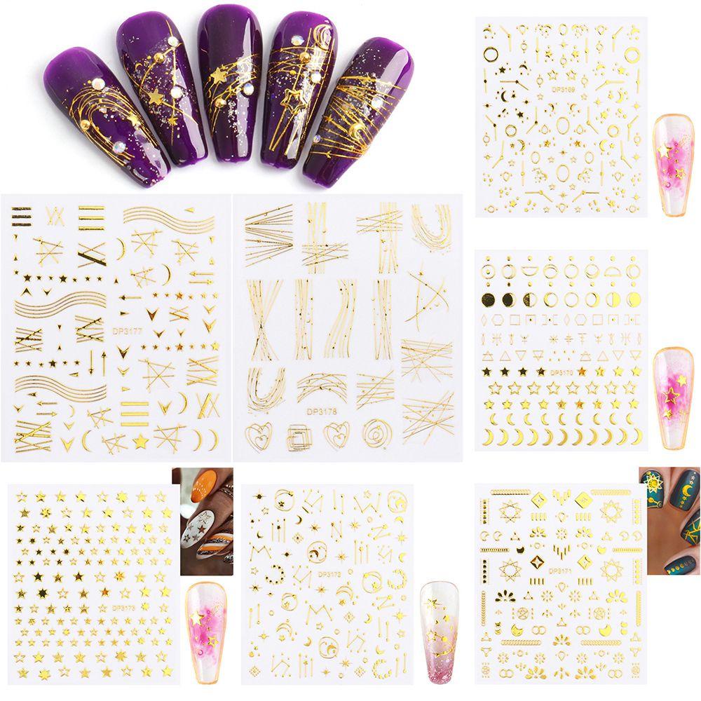 R-flower 3D Nail Sticker Star Silver Gold Garis Geometris Stripe Transfer Stiker