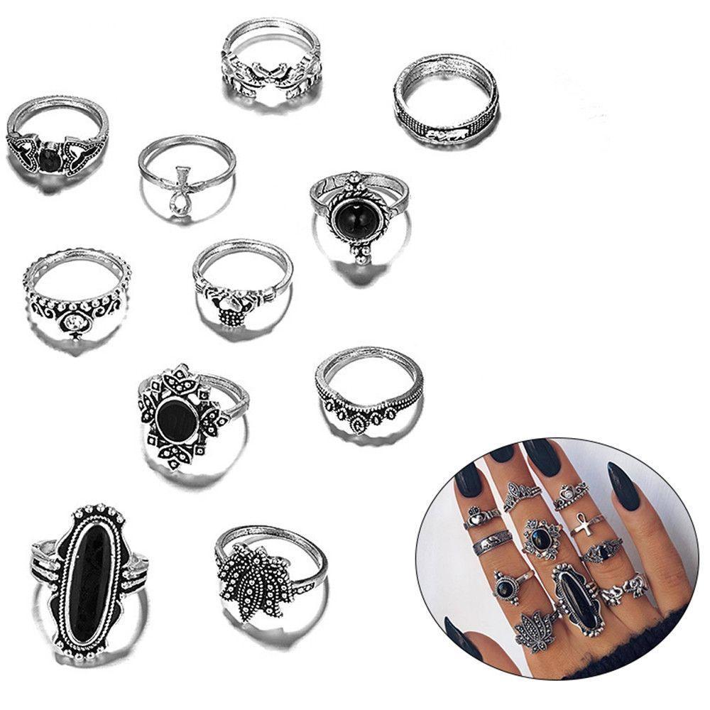 Lily 11pcs /Set Wanita Set Cincin Perhiasan Pesta Batu Hitam Mahkota Gajah Gaya Gotik