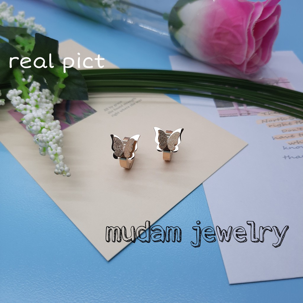 Anting Jepit Titanium Kupu - Kupu Simple dan Sederhana Tersedia Warna Rose Gold, Gold dan Silver