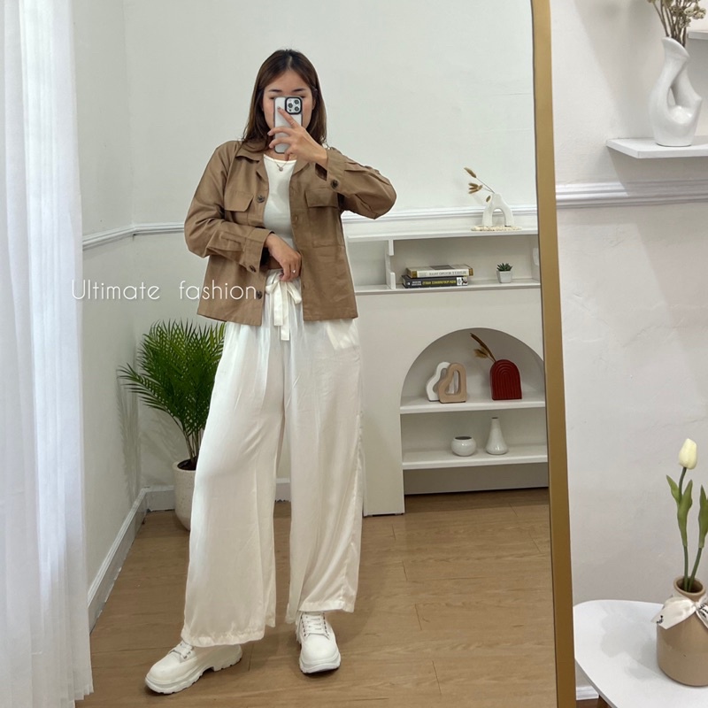 Kemeja Ghea Crop Top Linen Premium Pocket - Atasan Wanita - Kardigan - Outer 226