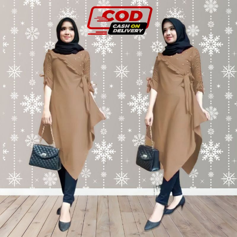 Tunik Terbaru Wanita Dewasa Lengan Panjang Serut Tali Pinggang Fashion Muslim Kekinian Original Baha