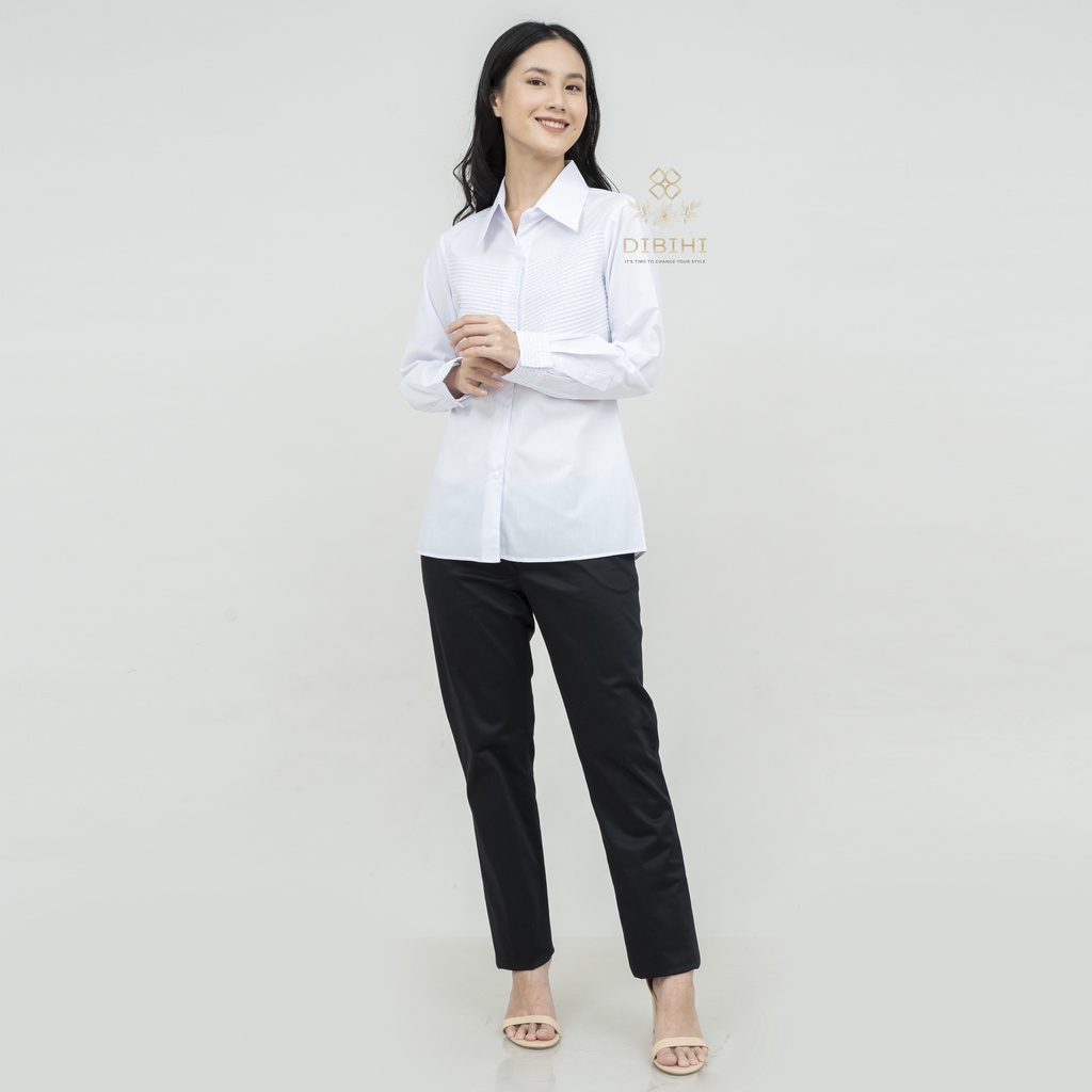 Dibihi Kemeja Putih Wanita Formal Bahan Katun Streth Motif Rempel Panjang