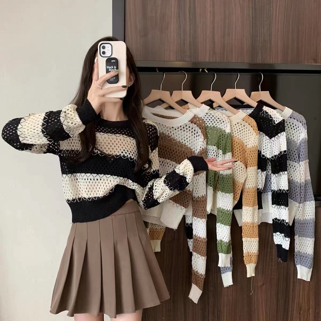 Hwasa Knit Top Stripes Import - Top Crop Blouse Knitwear - Atasan Wanita Rajut Import TM (99031-1)