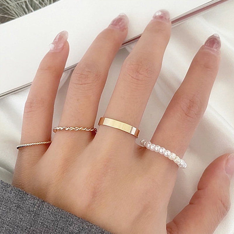 Korea Wanita Mutiara Cincin Wanita Emas Cincin Logam Set Fashion Perhiasan Aksesoris