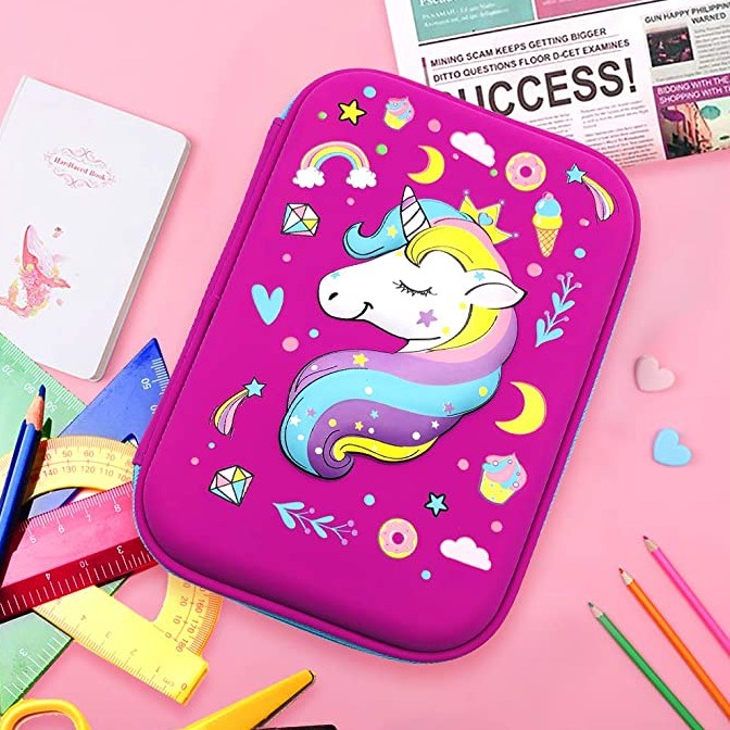 COD, ready: Tempat pensil kotak pensil 3D Unicorn Hardtop Pencil Case tempat pensil mermaid