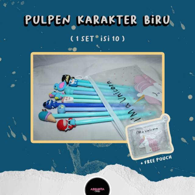 

[AS] 1 SET PULPEN GEL BIRU KARAKTER ( ISI 10) FREE POUCH