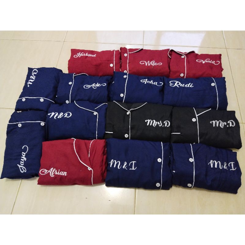 Piyama pajamas baju tidur couple custom bordir nama hadiah kado gift nikahan wedding pernikahan prewedding / untuk seserahan murah unik lucu-1