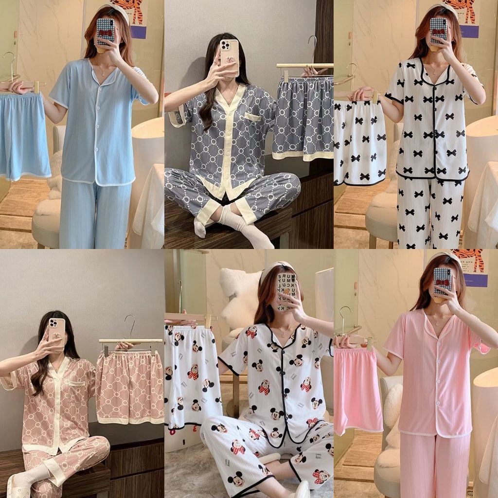 Piyama 3in1 Dewasa Baju Tidur Set Model Kancing Depan Impor Dapat Baju Celana Panjang dan Celana Pendek