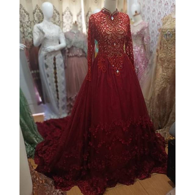 Gown Kebaya Pengantin Merah Maroon payet jepang