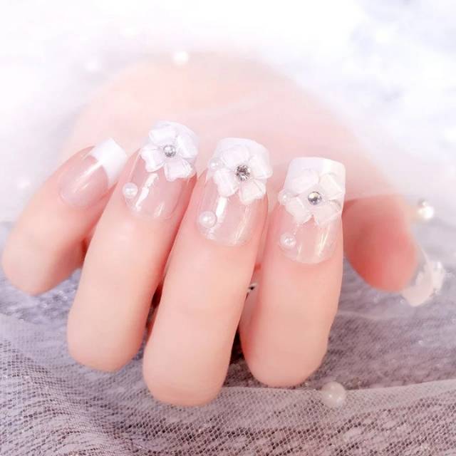 Kuku Palsu 3D / Wedding Fake Nail White Flower / Nail art