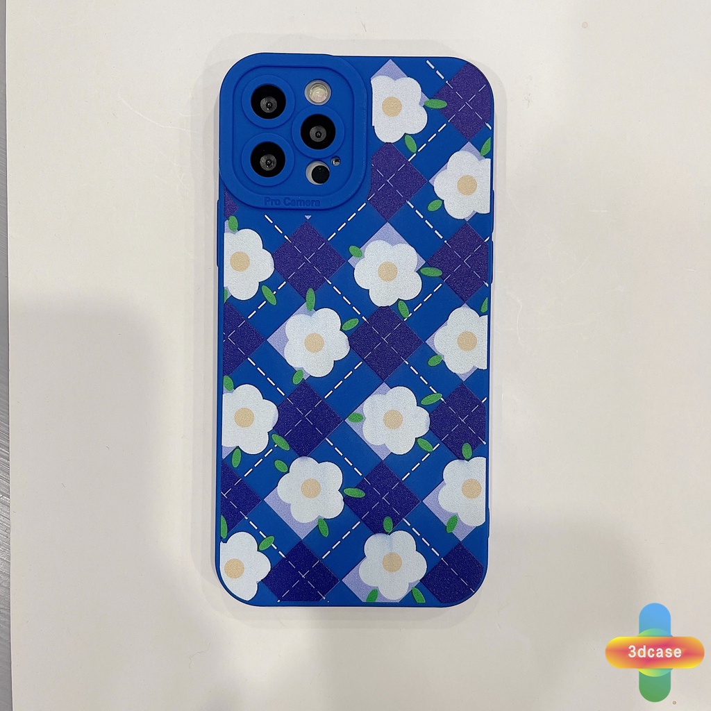 Soft TPU Case Compatible For IPhone 7 Plus 11 6 6S 8 Plus XR 11 12 13 PRO MAX X XS MAX Se 2020 6SPlus 7Plus 6Plus 8Plus XSMAX Klein Blue Plaid White Flower Anti-fall Case