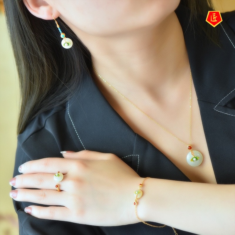 [Ready Stock]Lotus Leaf Earrings Jade Pendant Bracelet Ring Retro Set