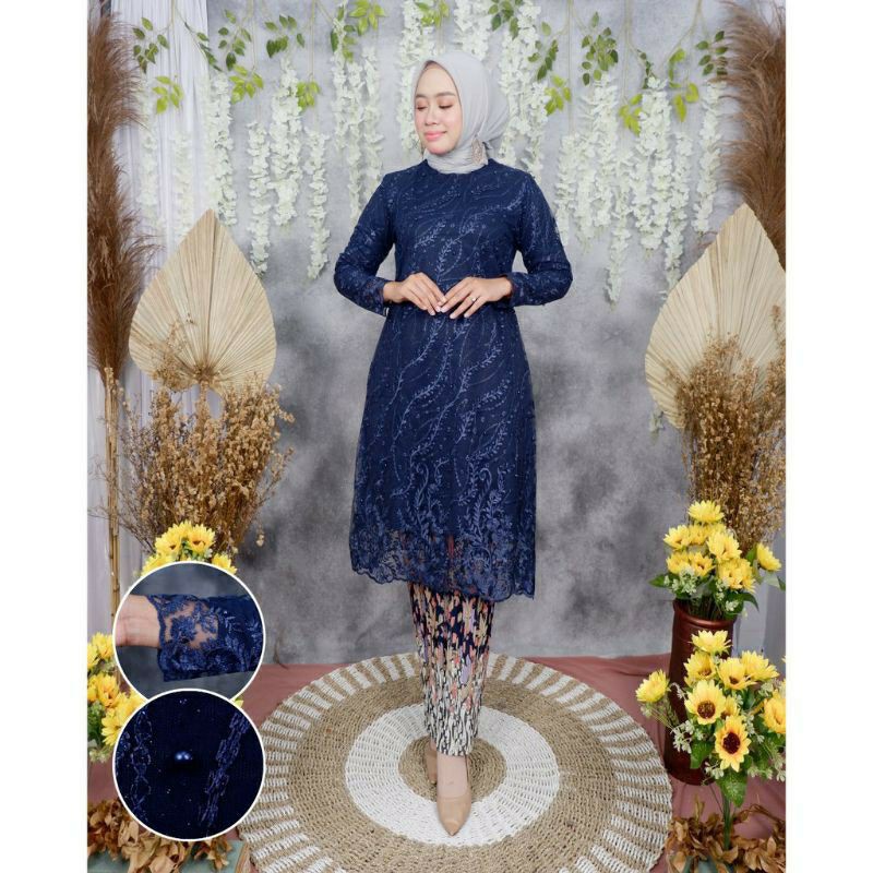 Tunik Tulle /Kebaya Tunik Bordir/Kebaya Modern/Kebaya/Kebaya Kondanagn/Baju Kebaya-Navy