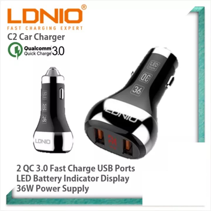 CAR Charger Mobil LED Display Dual USB QC3.0 Fast Charging LDNIO C2 - Tanpa kabel