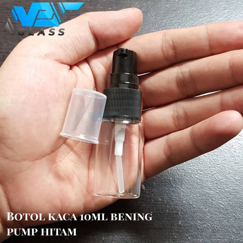 botol kaca 10ml bening pump hitam / botol kaca 10ml tutup pump treatment