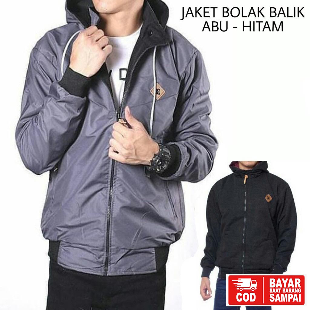 JAKET DC BOLAK BALIK / JAKET MOTOR / JAKET PARASUT HITAM-ABU-ABU-HITAM