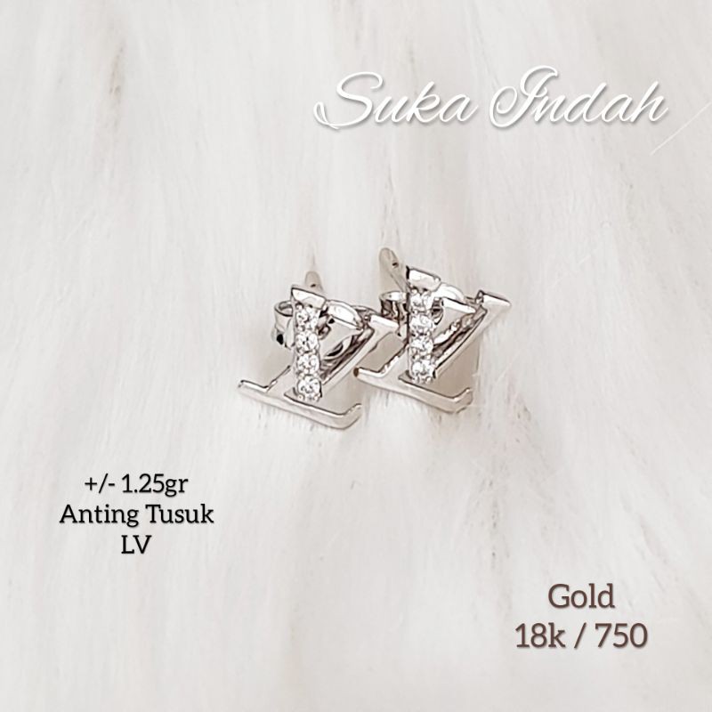 Anting Tusuk model LV putih emas asli 18k / 750