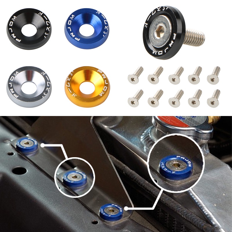 10pcs / Pak Washer M6 JDM Bahan Aluminum Warna Biru / Hitam / Kuning / Silver Untuk Fender Mobil