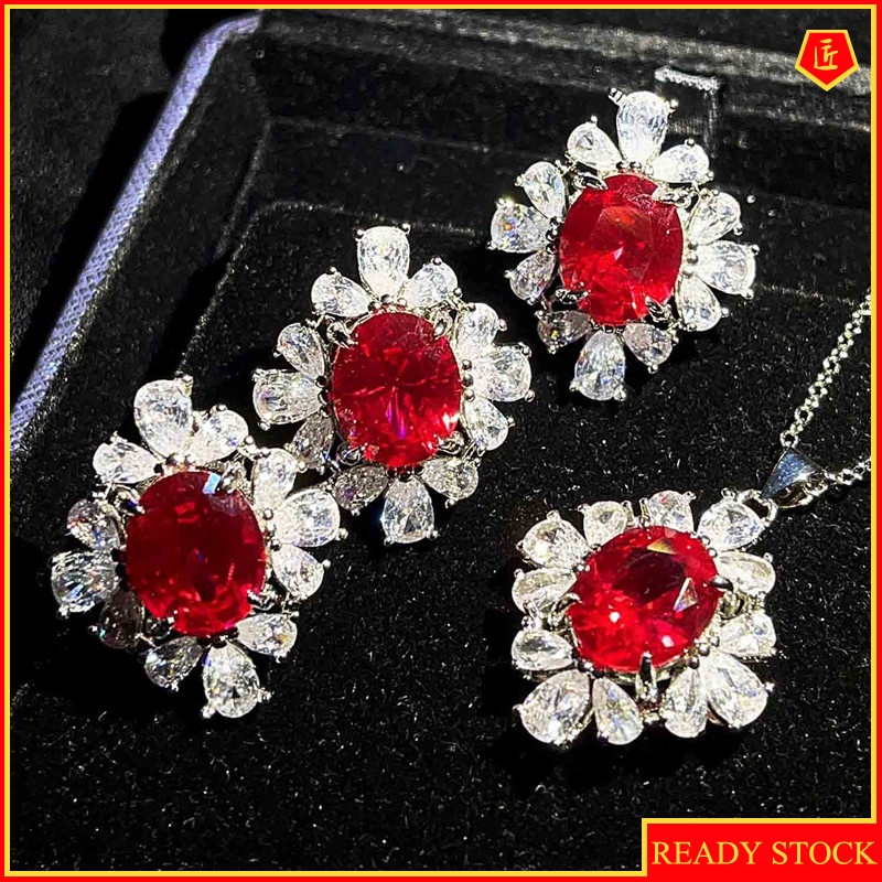 [Ready Stock]Full Diamond Ruby Rings Ear Studs Necklace Set