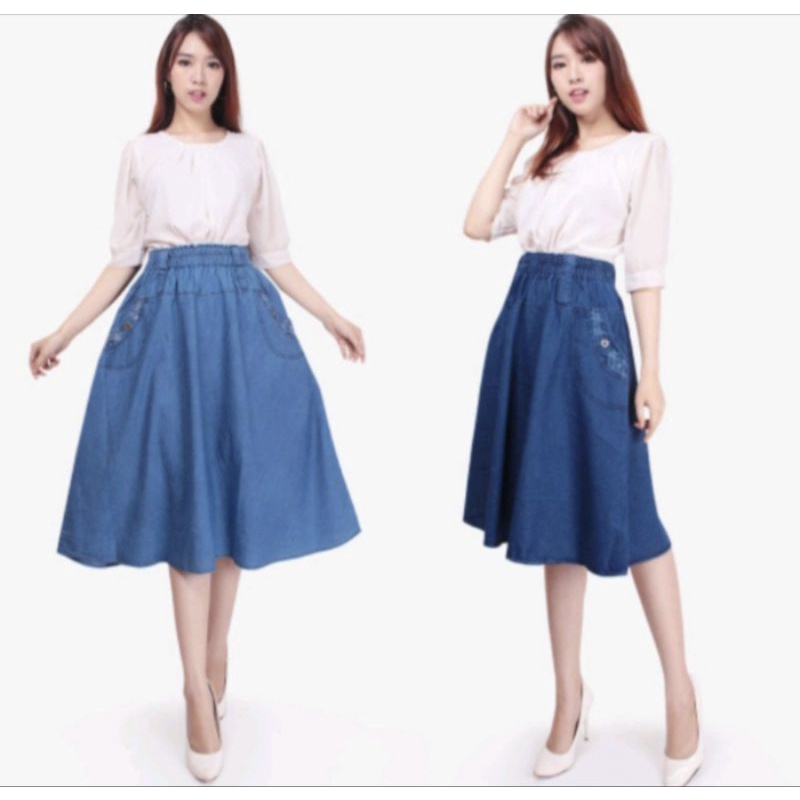 ROK MIDI JEANS CASUAL SHORT PENDEK PAYUNG WANITA/ROK MIDI PENDEK TERBARU