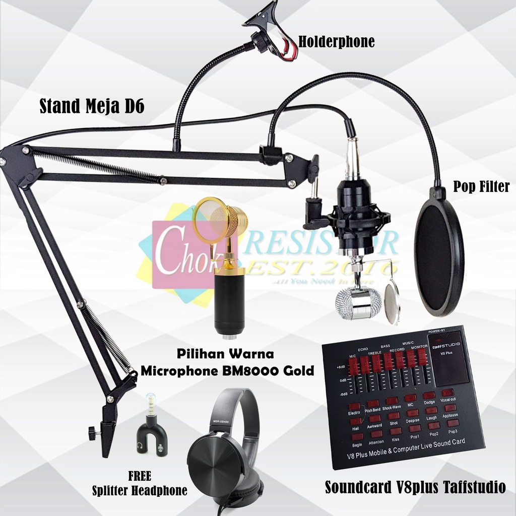 Paket Lengkap Full Set Microphone Condenser BM8000 dan Soundcard V8Plus FREE HEADPHONE Holdephone-Gold