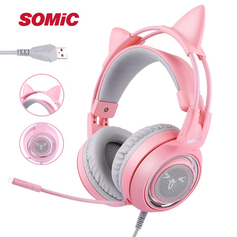 GRATIS ONGKIR SOMIC G951 Pink Cat Ear Headphones Virtual 7.1 Noise Cancelling Gaming Headphone