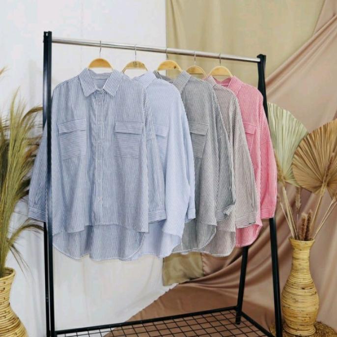 Kemeja Jumbo Pocket Stripe Salur Oversize / Kemeja Wanita Casual