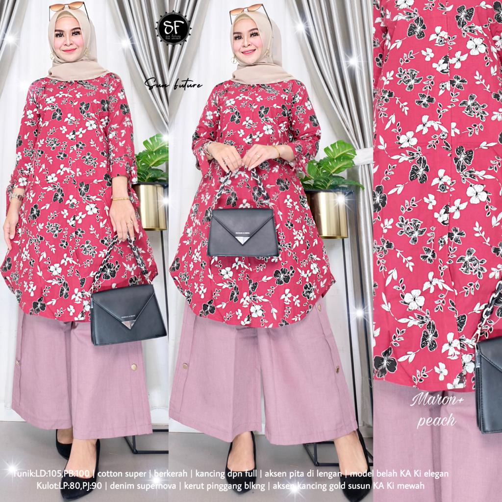 PAKET HEMAT Setelan Kondangan Atasan Tunik Plus Kulot JUMBO LD 105 cm Mat Katun One Set Motif Bunga