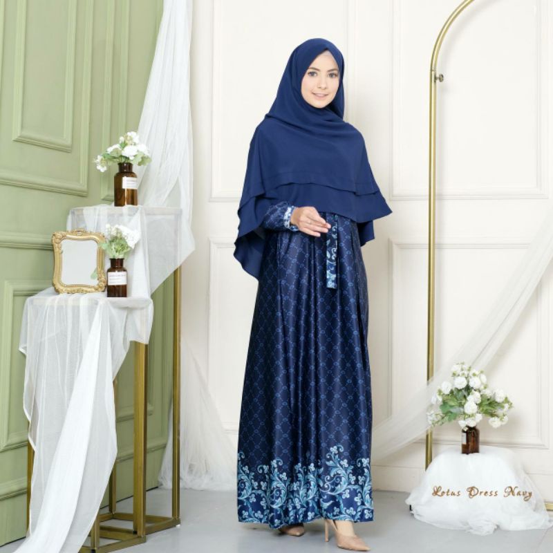 Dress muslimah/gamis wanita terlaris Lotus Navy by michan