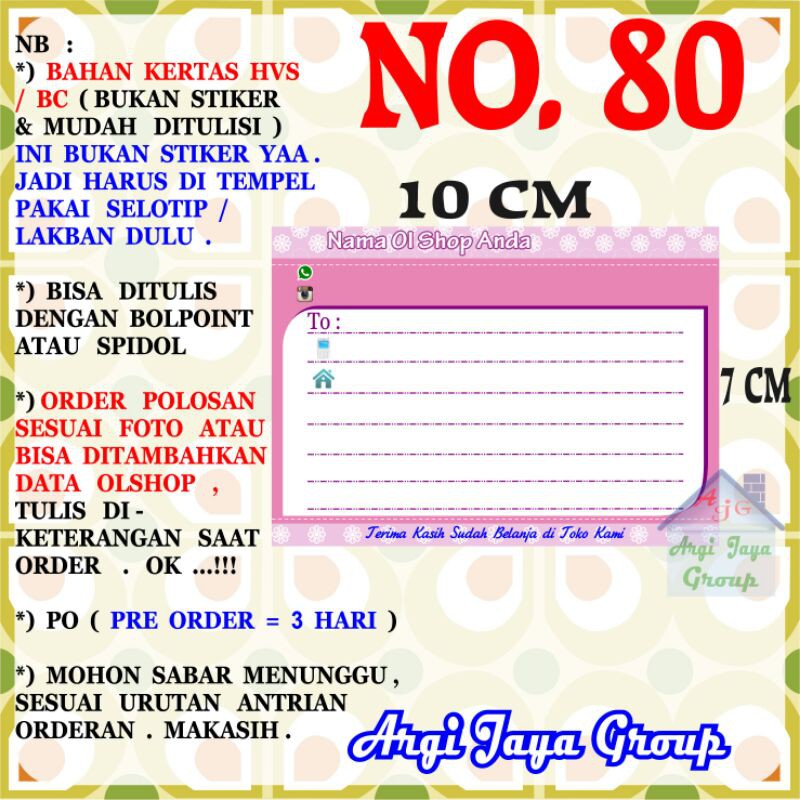 

Label Pengiriman Alamat Olshop Murah Nomer 80 - 10x7cm - Kertas BC (Manila)