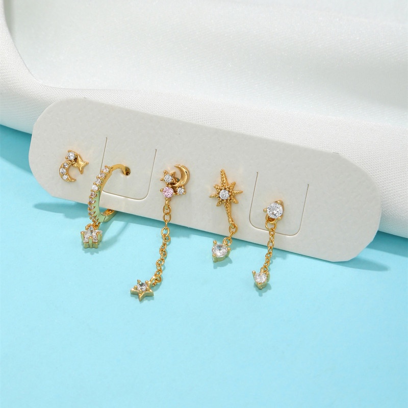 5pcs / set Anting Stud Rumbai Panjang Desain Bulan Bintang Bahan Stainless Steel Lapis Emas 18K Hoops