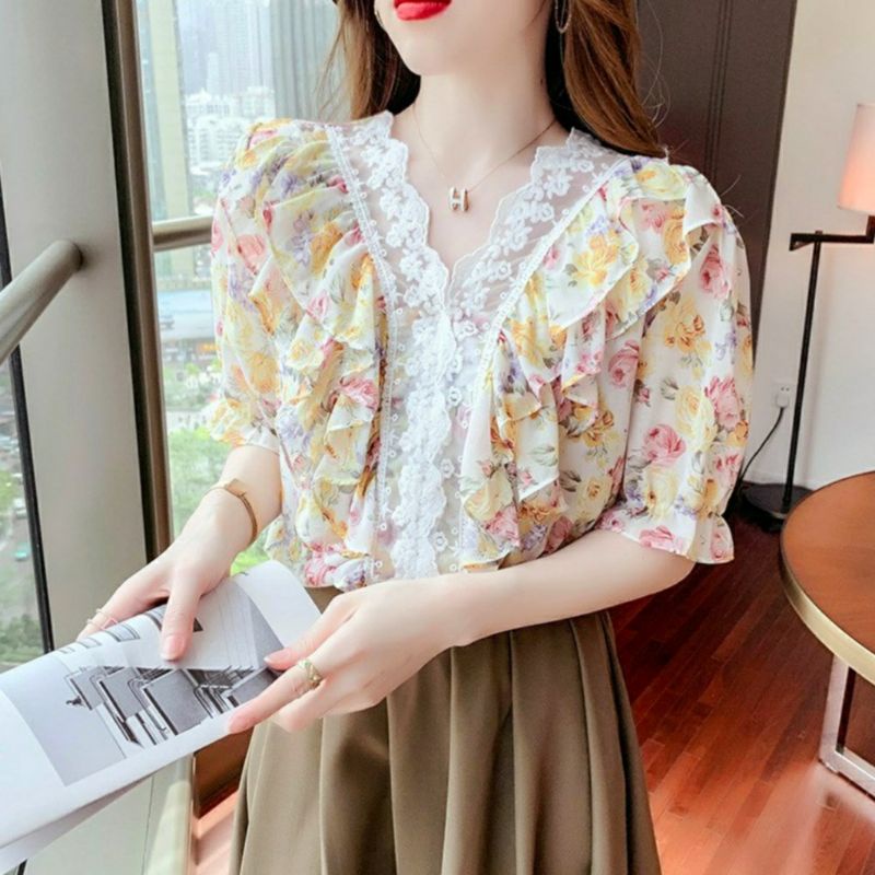 MDLV ~ 2422# Darrena Ruffle Top Sifon Blouse Flower Blouse Korea Fashion Import