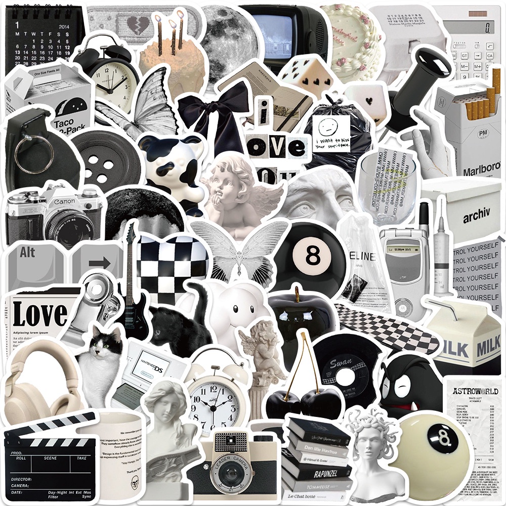 61pcs / Set Stiker Doodle 01 Warna Hitam Dan Putih Tahan Air Gaya Nordic Klasik Untuk Laptop Notebook Koper Kulkas