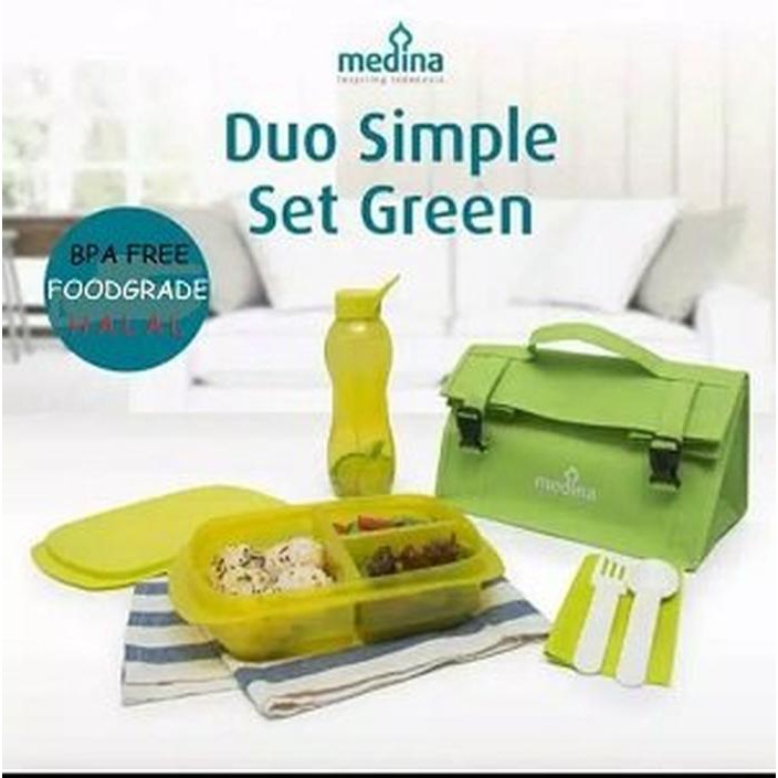 Tempat Bekal Makanan - DUO Simple Set isi Tempat Makan - Botol Minuman - Sendok Garpu dan Tas