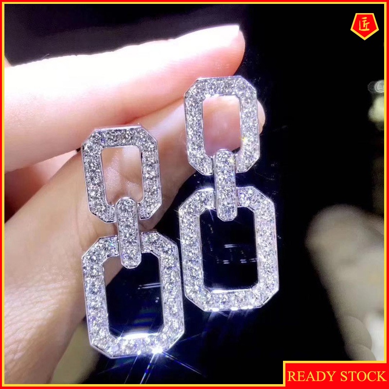 [Ready Stock]Luxury Geometric Ear Studs Micro-Inlaid Full Diamond Necklace