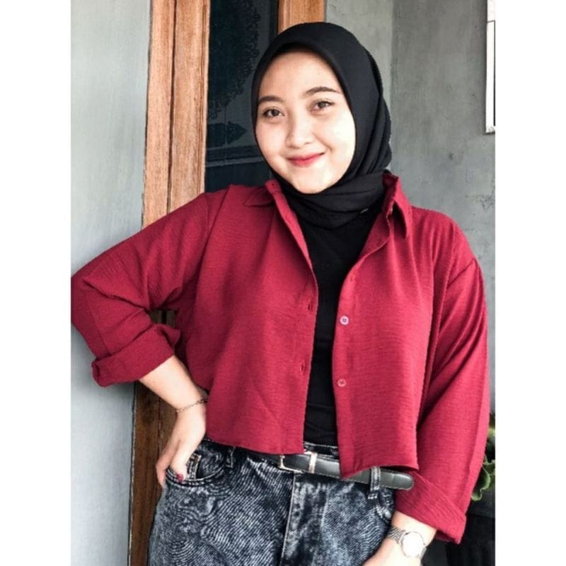 Hana Kemeja Crop - Kemeja Wanita - Kemeja crinckle - Atasan Wanita - Kemeja Lengan Panjang- Crop Top Lengan Panjang