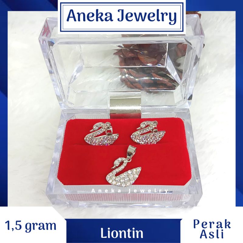 Liontin Angsa Cor Mata2, Perak 925, Lapis Emas Putih