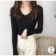 HOPYLOVY - Atasan Rajut Wanita V Neck Lengan Panjang Cantika