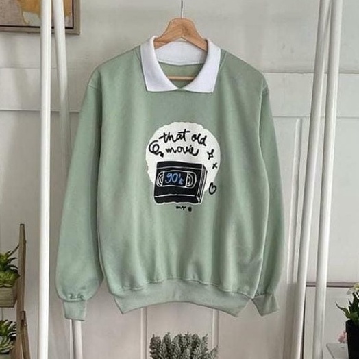 COD - Old Movie Sweater Combi Kerah Premium Fleece Tebal Outerwear Remaja Wanita Korean Style-Mint