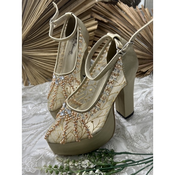 sepatu wedding pesta wanita gold tali naira 12cm tahu