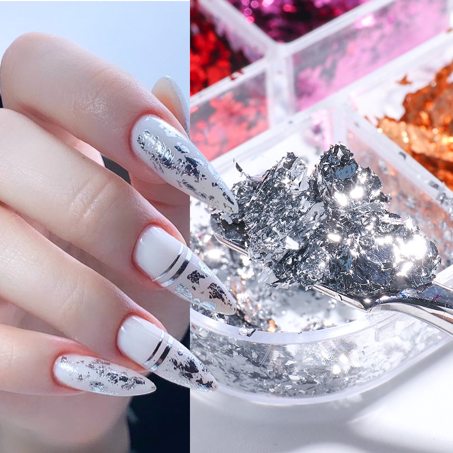 6 Grid/Kotak Manikur Foil Stiker Kreatif Menggemaskan Tekstur Mengkilap Hiasan Kuku Stiker Partikel Foil Nail Art DIY