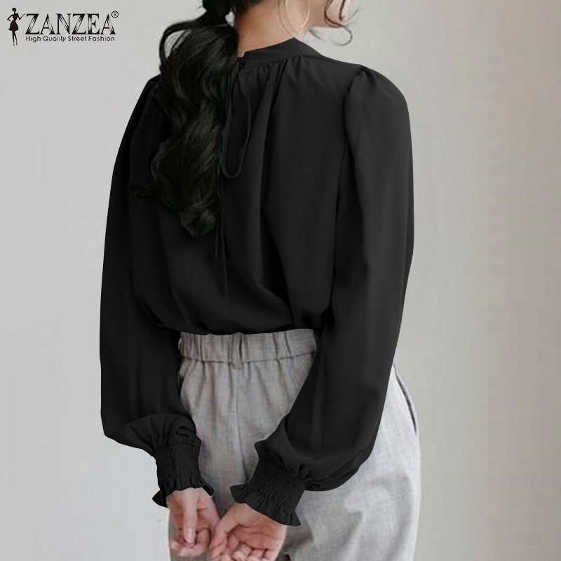 ZANZEA Women Fashion Casual Solid Color Puff Sleeve O Neck Smocking Retro Blouse