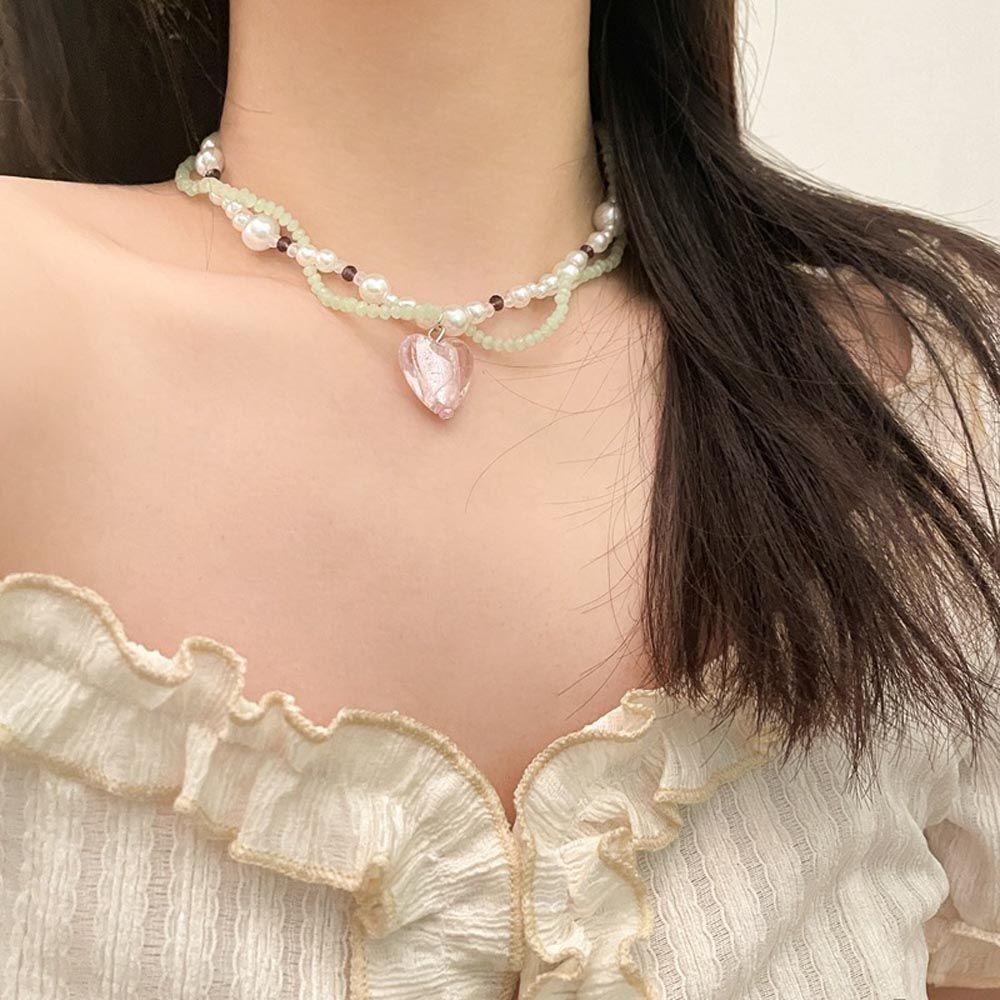 Mxbeauty Kalung Korea Manis Vintage Mutiara Hati Trendy Untuk Anak Perempuan Liontin Bunga