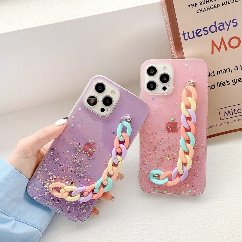 Glitter Case with Chain Pastel Oppo A15s Reno 5 5F 4 4F 3 8 8Z 8 PRO 7 6 A57 A16 A12 A15