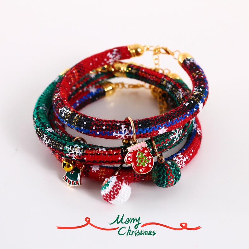 Kalung Hewan Peliharaan Motif Print Natal Bahan Nilon Dengan Lonceng