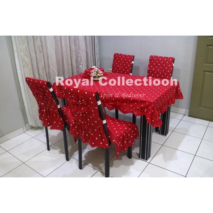 Taplak Meja Makan - Set Sarung Kursi Makan / Taplak Meja/ Ctc / Cover Kursi: Dotty Merah
